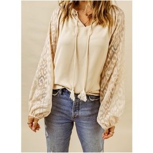 Leopard Print Sheer Sleeve Neck Tie Blouse